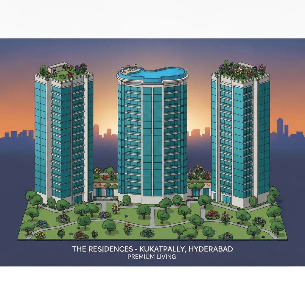 Luxury residential high-rise towers in Kukatpally with rooftop pool and green spaces at sunset