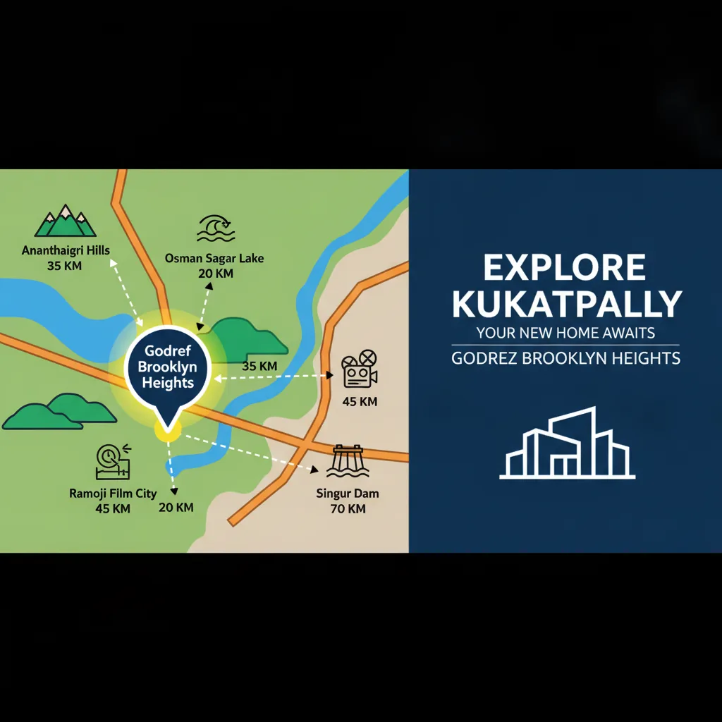 Weekend destinations near Godrej Brooklyn Heights hero - infographic showing Kukatpally area map with Ananthagiri Hills, Osman Sagar Lake, Ramoji Film City, and Singur Dam
