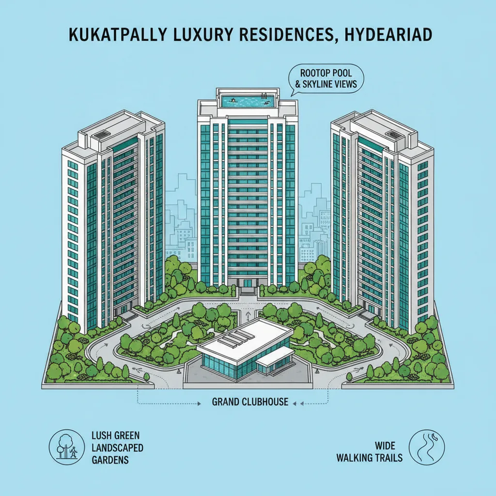 Modern luxury high-rise residential apartment complex in Kukatpally, Hyderabad with landscaped gardens and clubhouse