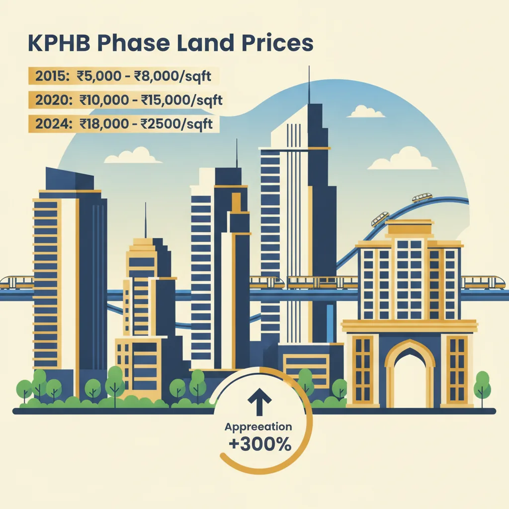 KPHB Phase Land Prices - Market Trends and Rates infographic showing Kukatpally Hyderabad skyline with modern residential towers and land price indicators