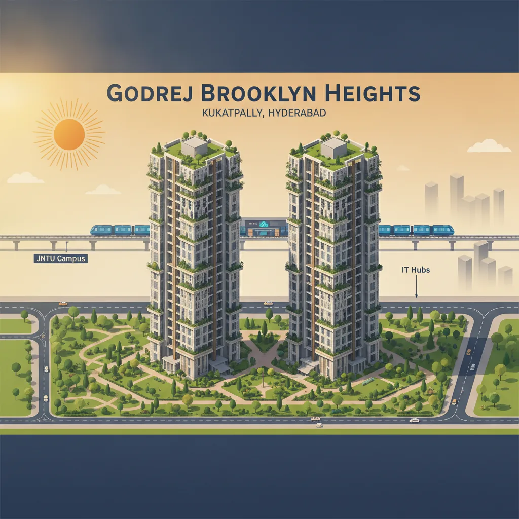 Modern luxury residential high-rise towers in Kukatpally Hyderabad, Godrej Brooklyn Heights apartment complex, 45-floor buildings with greenery and landscaped parks, located near JNTU campus, contemporary Indian architecture, premium real estate visualization, golden hour lighting, aerial view showing connectivity to metro and IT hubs