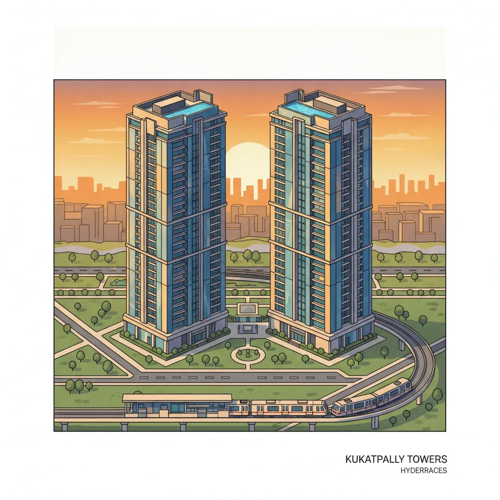 Modern luxury residential high-rise towers in Kukatpally Hyderabad at sunset, 45-floor iconic buildings with glass facades