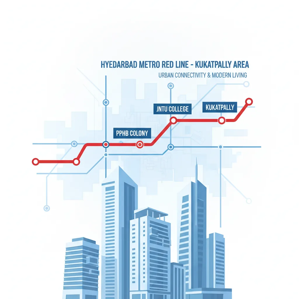 Which Metro is Near Kukatpally - infographic showing Hyderabad Metro Red Line map with Kukatpally area stations including JNTU College, KPHB Colony, and modern residential towers