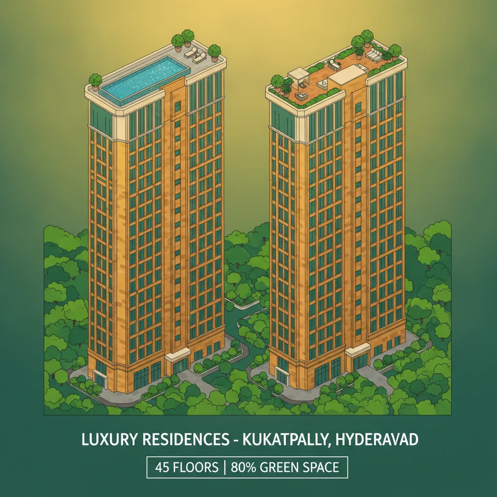 Modern luxury high-rise residential apartment towers in Kukatpally, Hyderabad with lush green landscaping, rooftop amenities including swimming pool, contemporary Indian architecture, 45-floor skyscrapers, gated community with 80% open green space, golden hour lighting, professional real estate photography style, clean lines, premium lifestyle visualization
