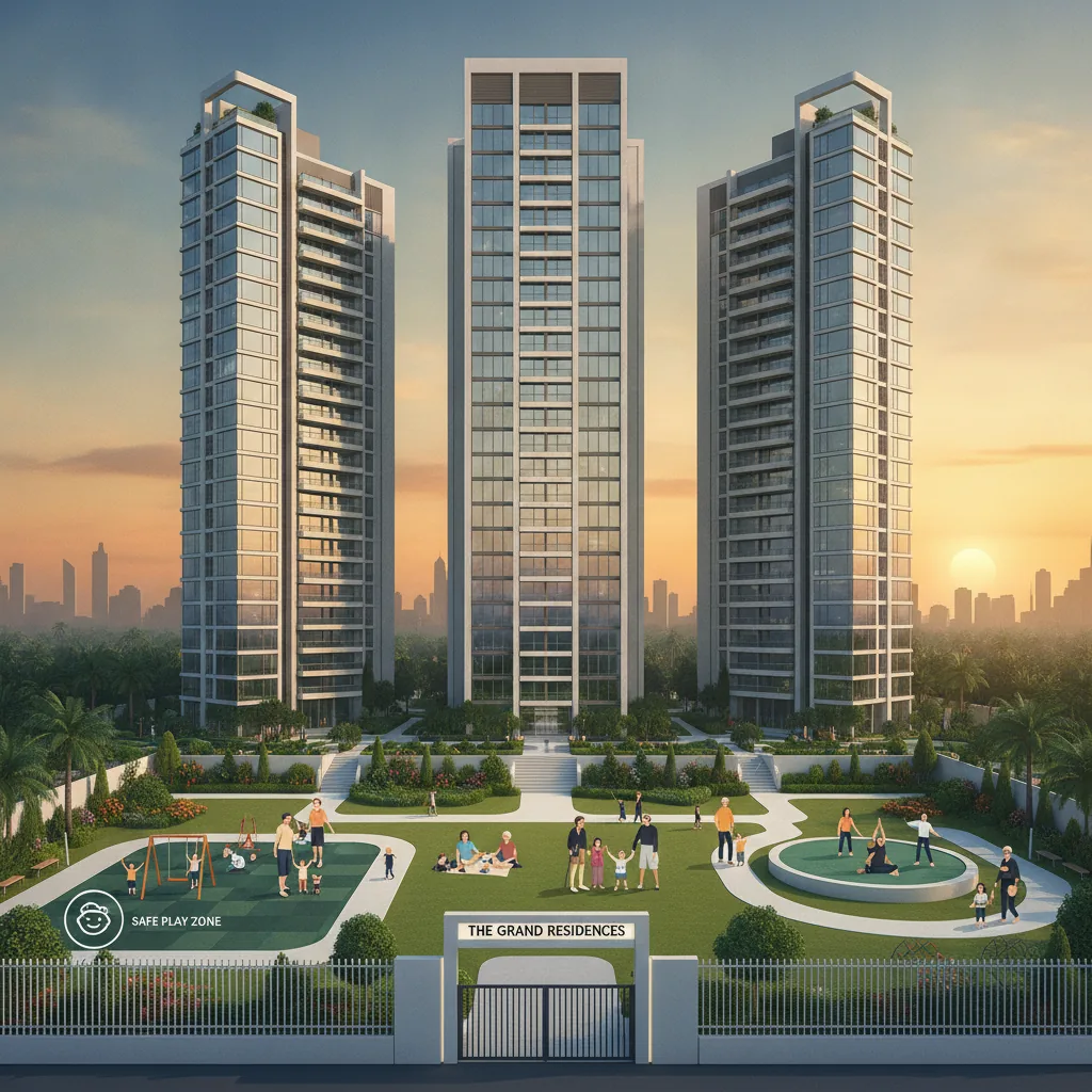 Godrej Brooklyn Heights - Modern luxury residential apartment complex with lush green landscaping, families enjoying outdoor spaces, children playing in safe zones, senior citizens walking on pathways, 45-story towers in background, West Hyderabad cityscape, warm golden hour lighting, premium gated community