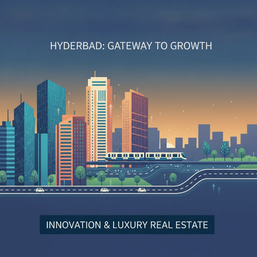 Hyderabad skyline with tech buildings, IT corridor, luxury residential towers, metro and infrastructure infographic